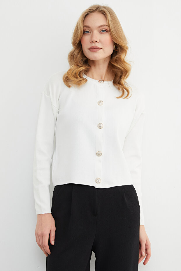 Basic Düğmeli Bisiklet Yaka Triko Hırka - 6