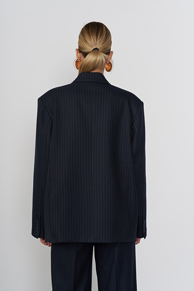 Çizgili Oversize Blazer Ceket - 5