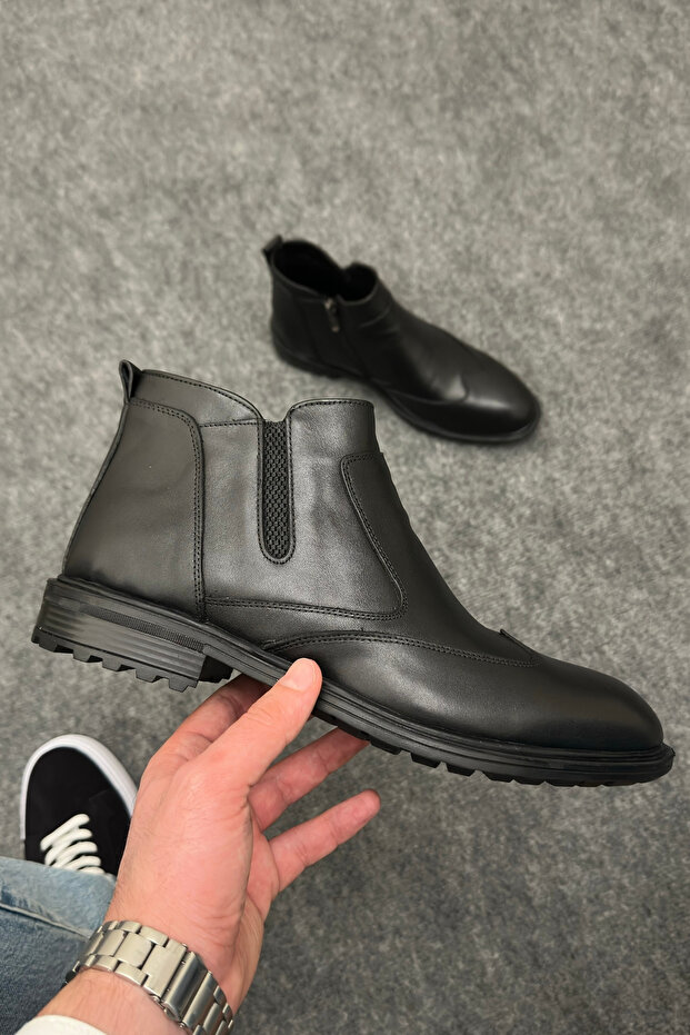 Black Boots Without Laces and with Zipper Leather Men's