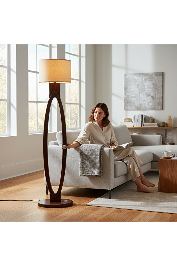Oval Wooden Floor Lamp with Linen Shade