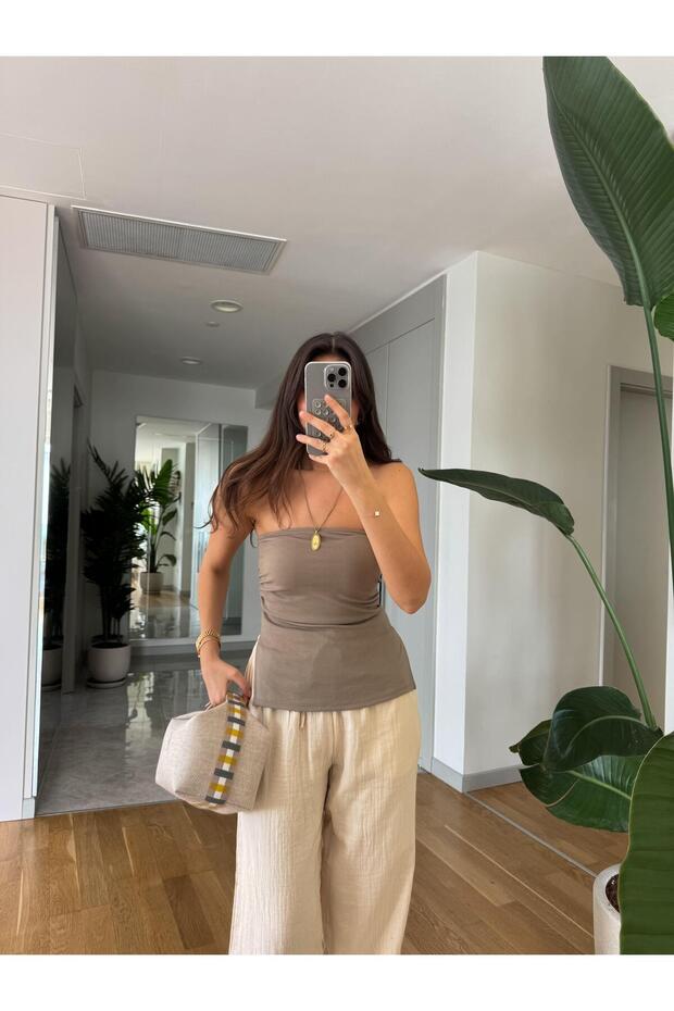 Slit Strapless Blouse- Mink