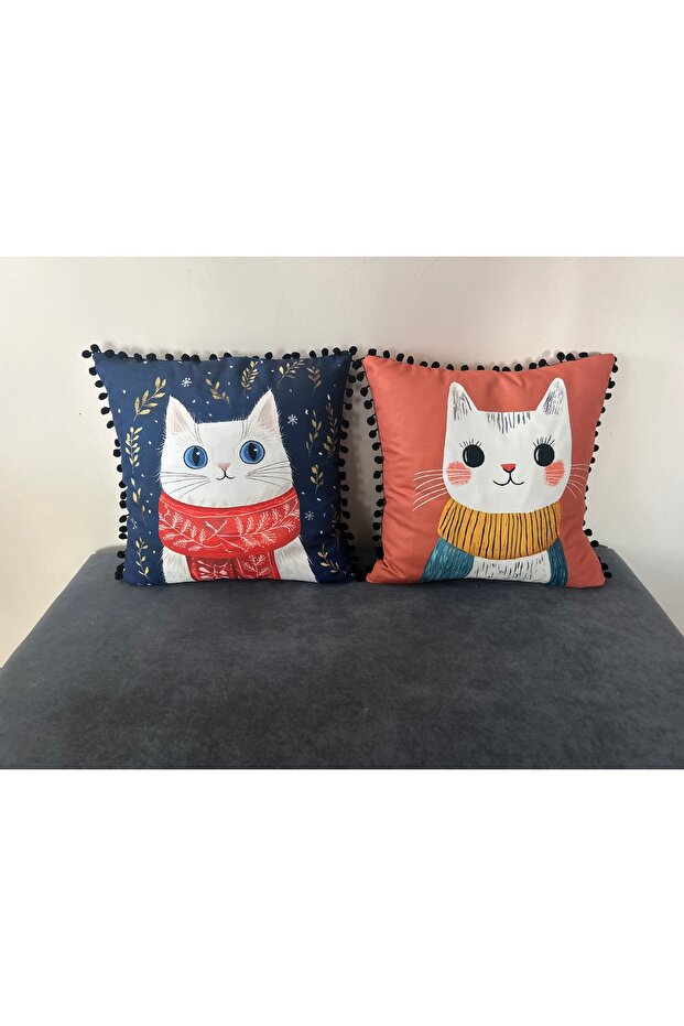 My Beautiful Cat Pompon Edge Throw Pillow Cover Set of 2