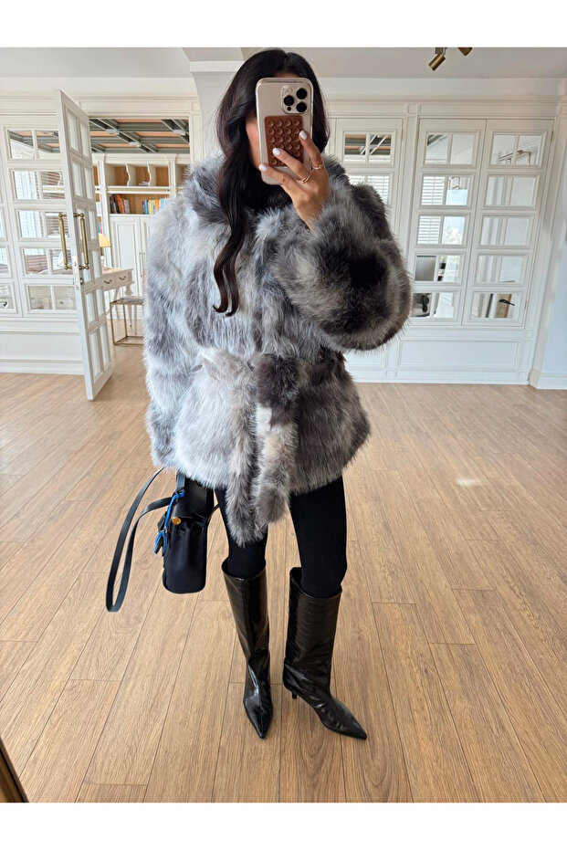 Gray-Ecru Vivien Fur Coat with Belt - 1547