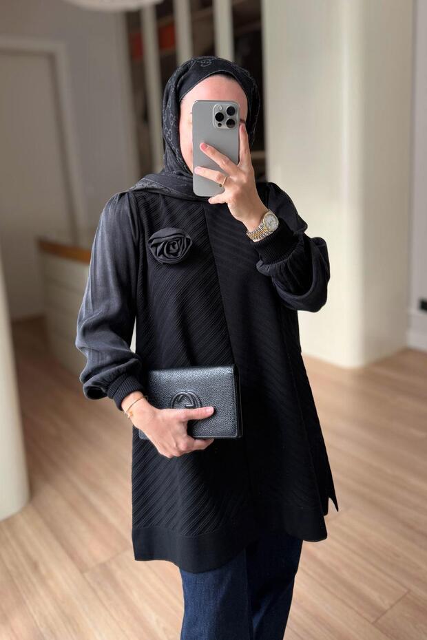Gül Detail Mercerized Hijab Tunic - Black