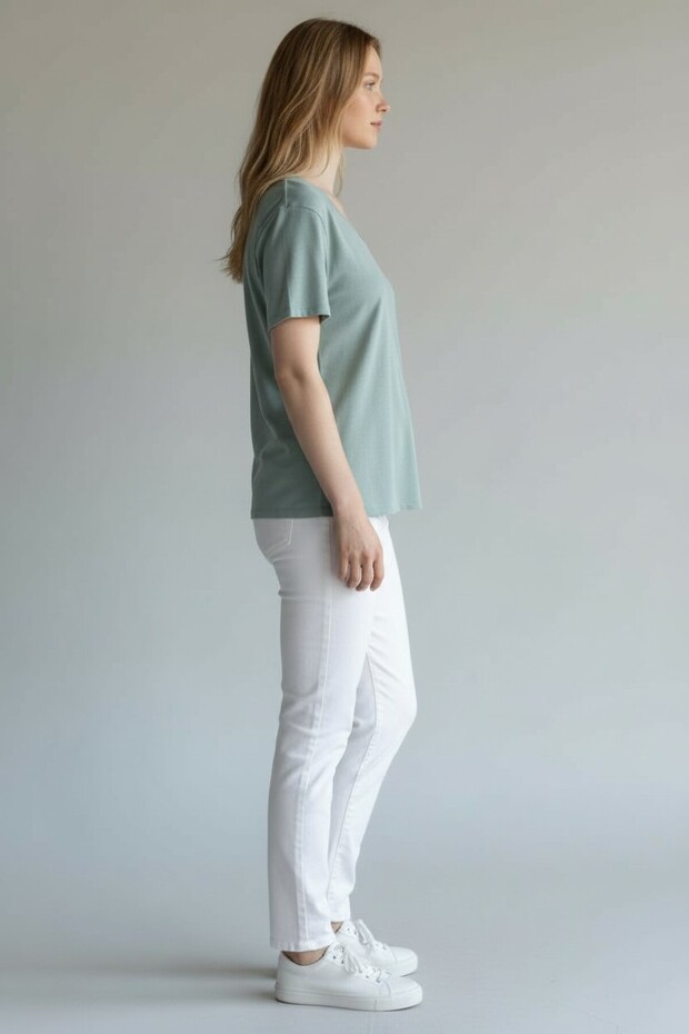 Kadın Örme Kısa Kol V Yaka T-Shirt - 5