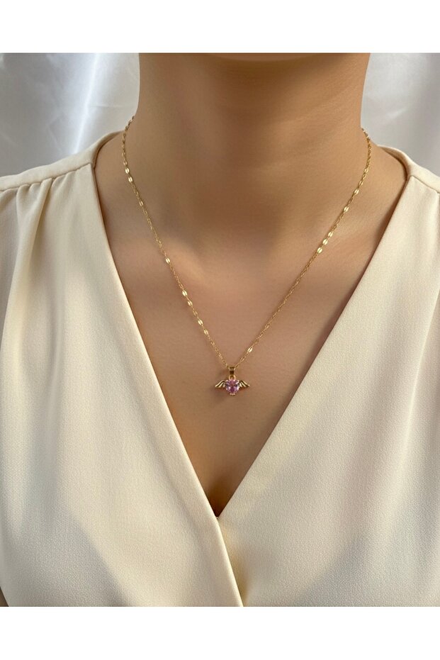 Pembe kalpli kanatlı çelik silver kolye - 4