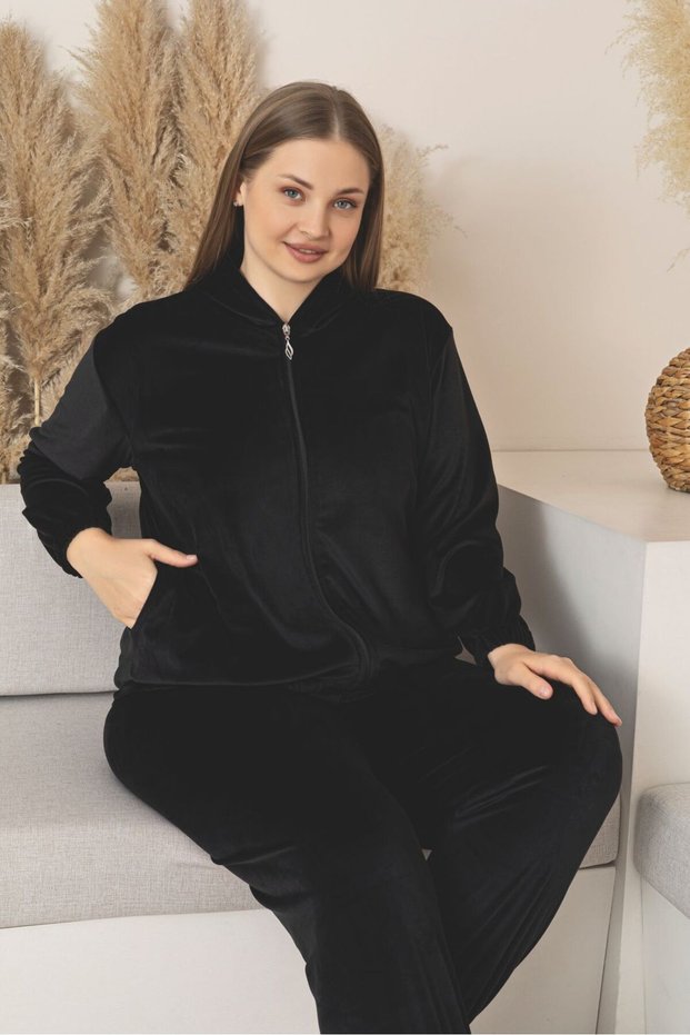 Large Size Black Color Pocket Hooded Stretch Fabric Velvet Set