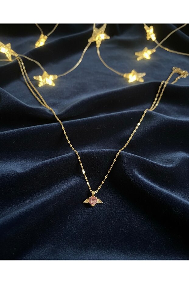 Pembe kalpli kanatlı çelik silver kolye - 3