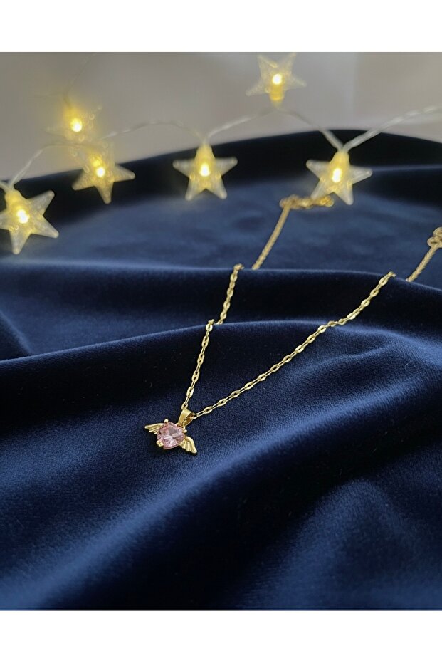 Pembe kalpli kanatlı çelik silver kolye - 1