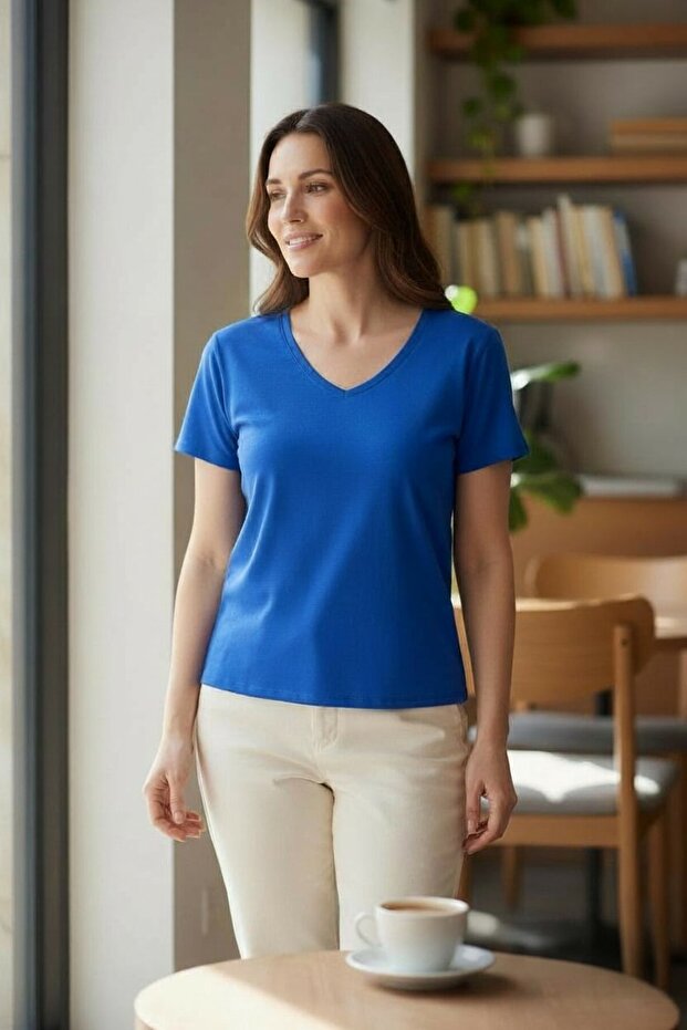 Women's Knitted Short Sleeve V-Neck T-Shirt