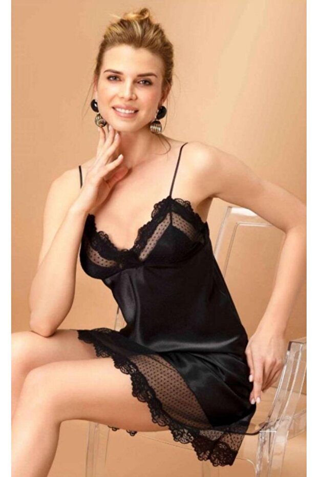 5410 Ruffled Polka Dot Tulle Detailed Satin Nightgown
