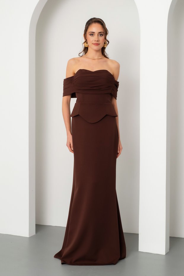 Women's Brown Slim Fit Boat Neck Peplum Detail Long Mermaid Evening Dress
