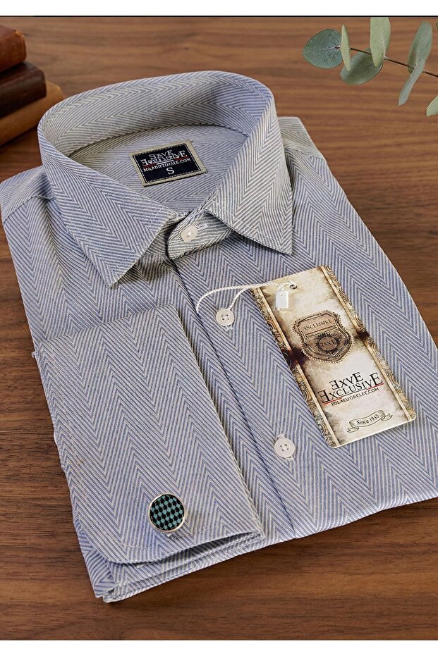 Blue Herringbone Patterned Slim Fit French Double Cuff Shirt