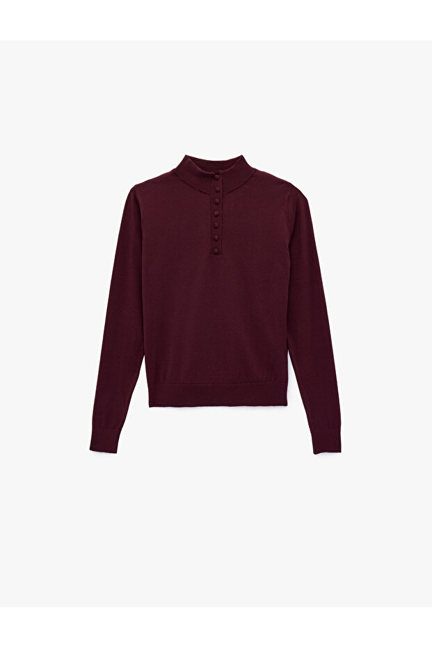 Regular Fit Long Sleeve Half Button Detailed Mock Neck Knitwear Sweater