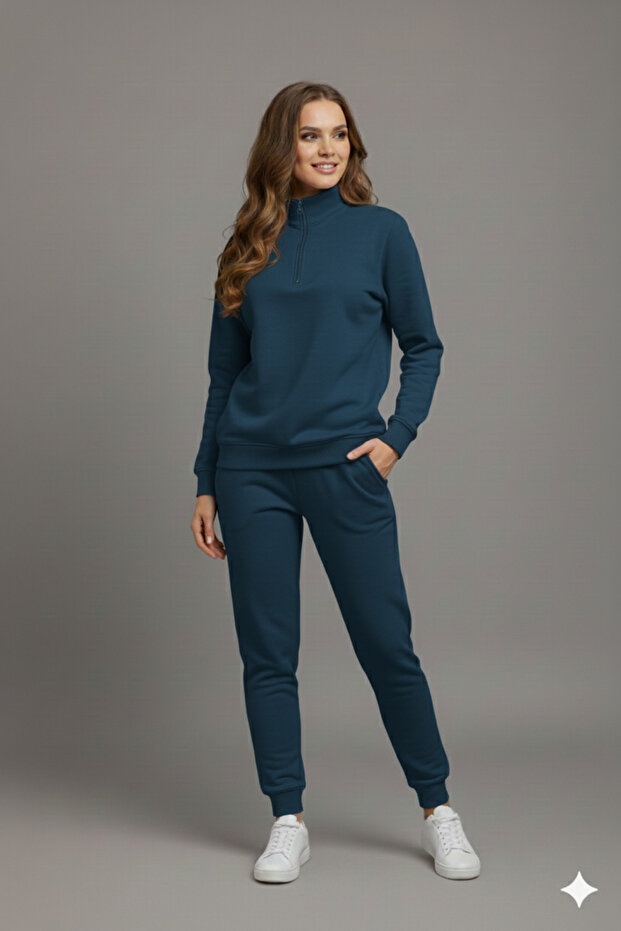 Unisex Petrol Blue Half Zipper Bottom Top Tracksuit Set