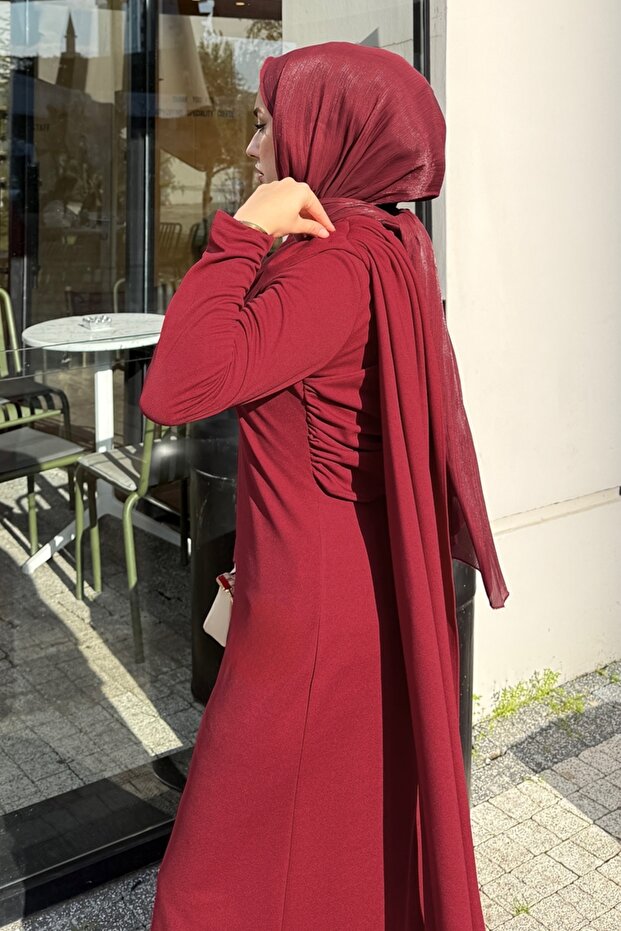 Önü Drapeli Örme Krep Elbise 4680ALGK1170-MS Bordo - 4
