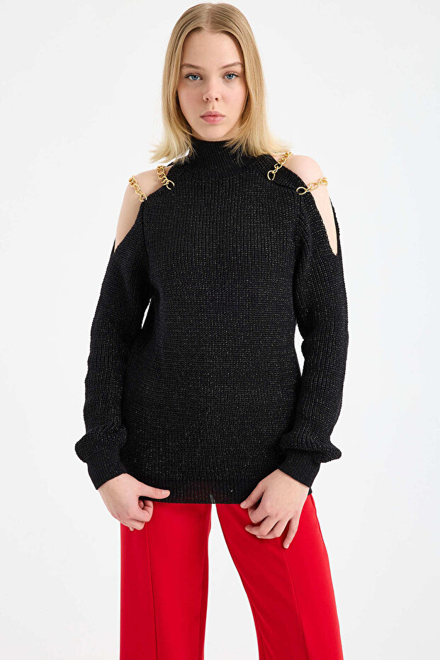 Knitwear Sweater with Chain Detail on the Shoulders - Black