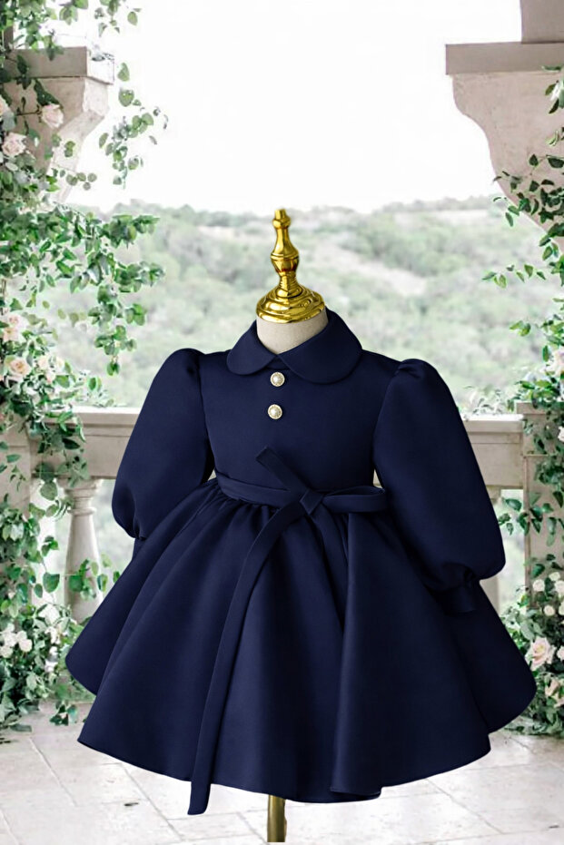 Special Design Navy Blue Long Sleeve Christmas Model Girl's Evening Dress