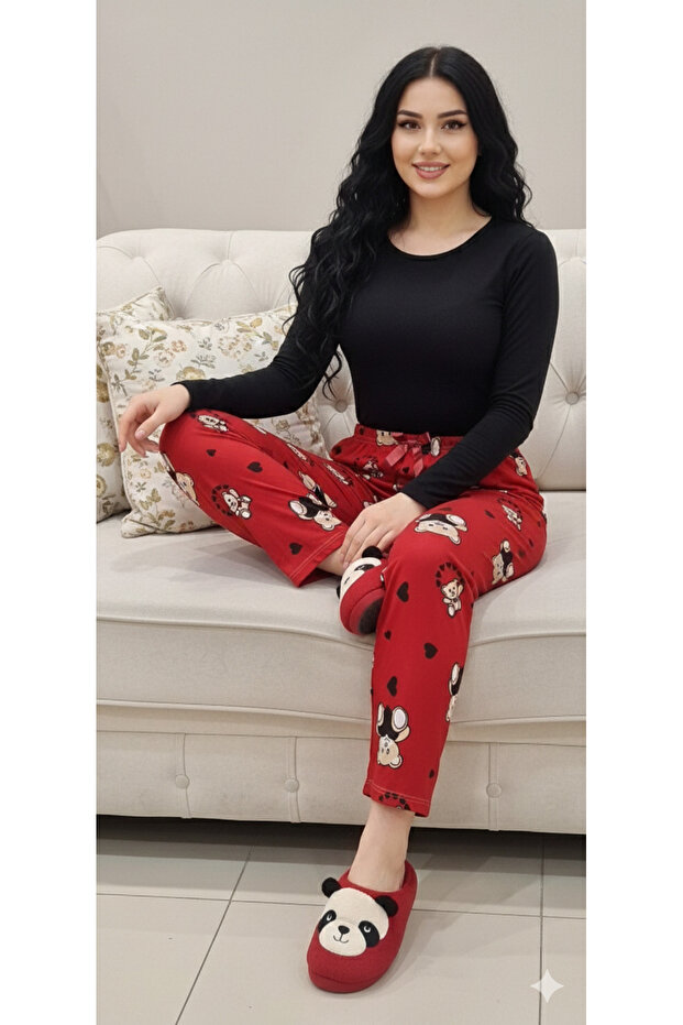 Red Bottom Pajamas with Teddy Bear and Ribbon Details in a Soft, Velvety Texture