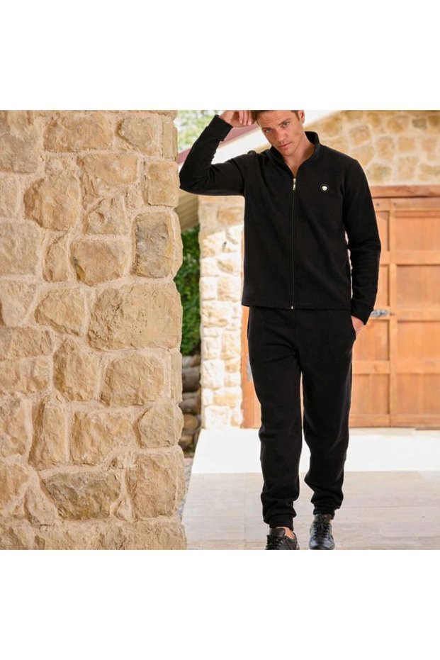 Men's Zippered Tracksuit Set – Black, Comfortable Fit with Pocket Detail