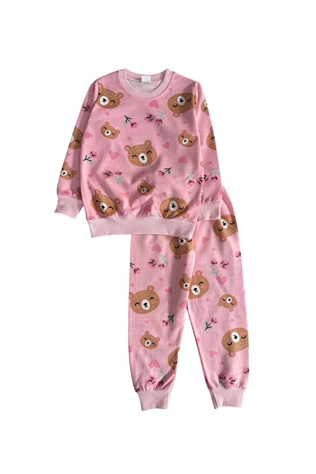 Girl's Two Thread Sha Fleece-Lined Embe Teddy Bear Pattern Long Sleeve Pajamas Set