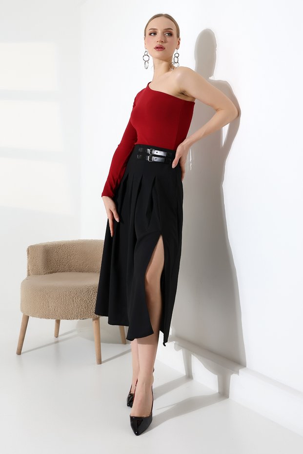 Long Lima Fabric Pleated Skirt/Hidden Slit Double Belt Buckles