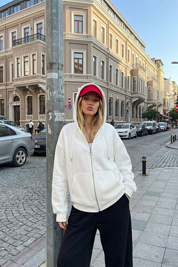 Kapüşonlu Oversize Şardonlu Örme Sweatshirt - 1