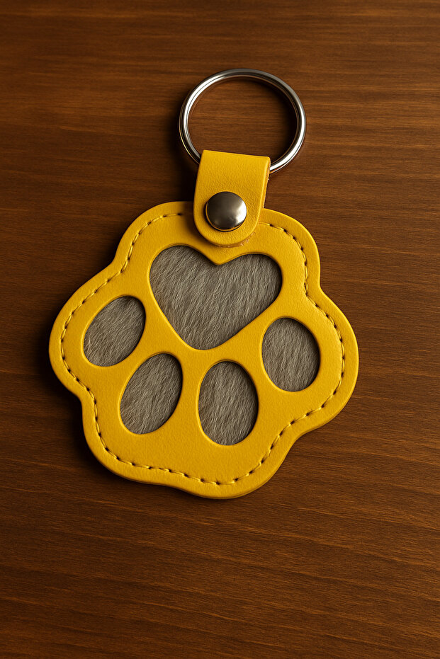 Paw Model Pet Hair Filled Leather Keychain Accessory Gift Souvenir Yellow