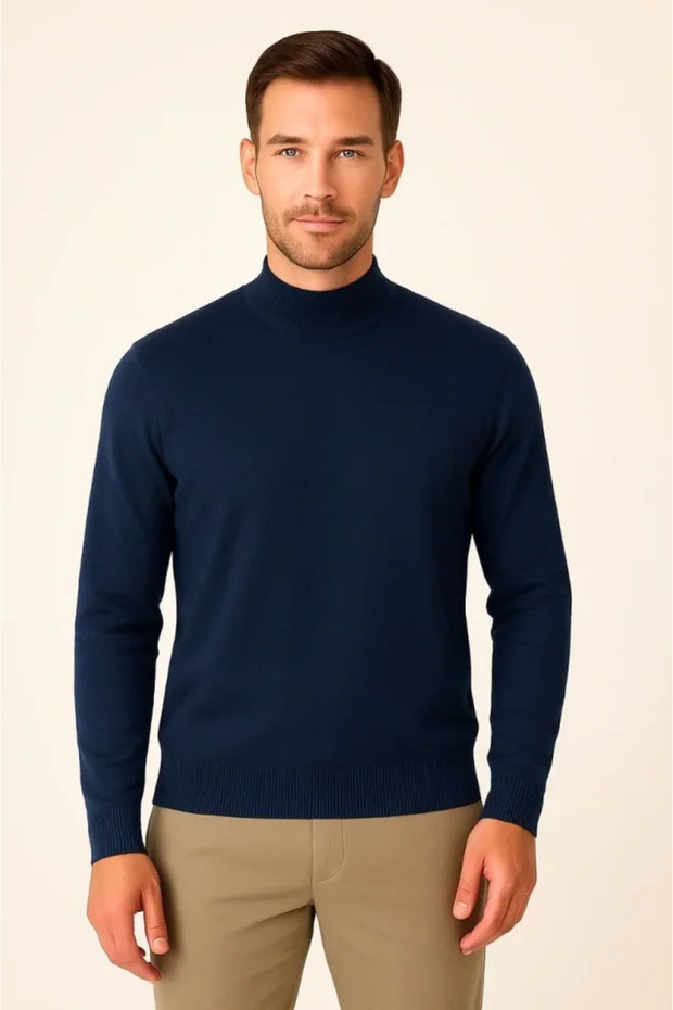 Men's Half Turtleneck Knitwear Sweater Soft Textured Cotton Fine Weave, Long Sleeve Comfortable Regular Fit - L