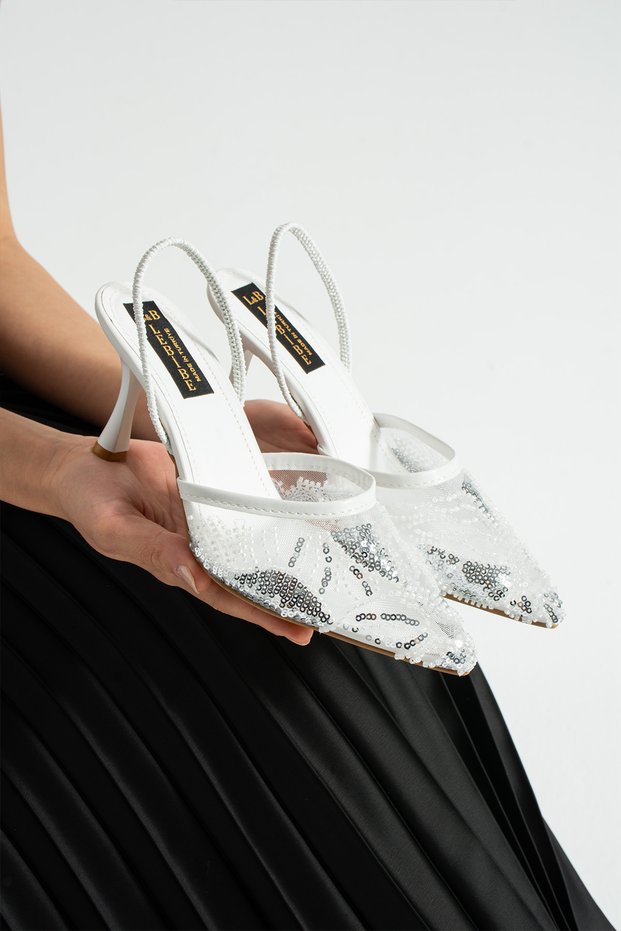 Perie White Women's 7 cm Heeled Sequined Strappy Evening Dress Bridal Wedding Shoes Slippers