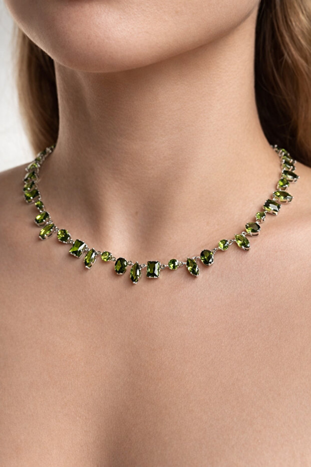 Colorful Stone Crystal Necklace Silver Color