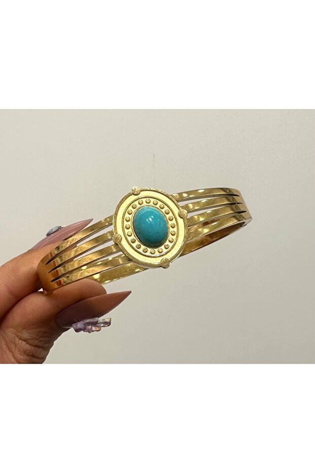 Stainless Steel Blue Stone Steel Gold Handcuff Bracelet