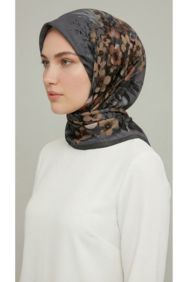 وشاح من الرايون بنقشة الزهور - رمادي أنثراسايت - 2