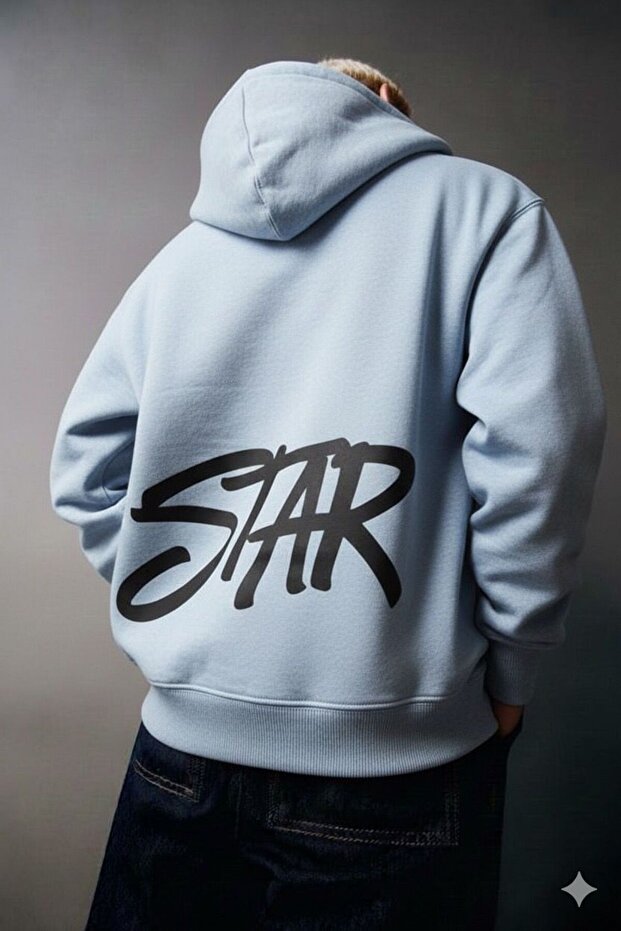 Vurgulu Star Printed Unisex Oversized Hooded Sweatshirt