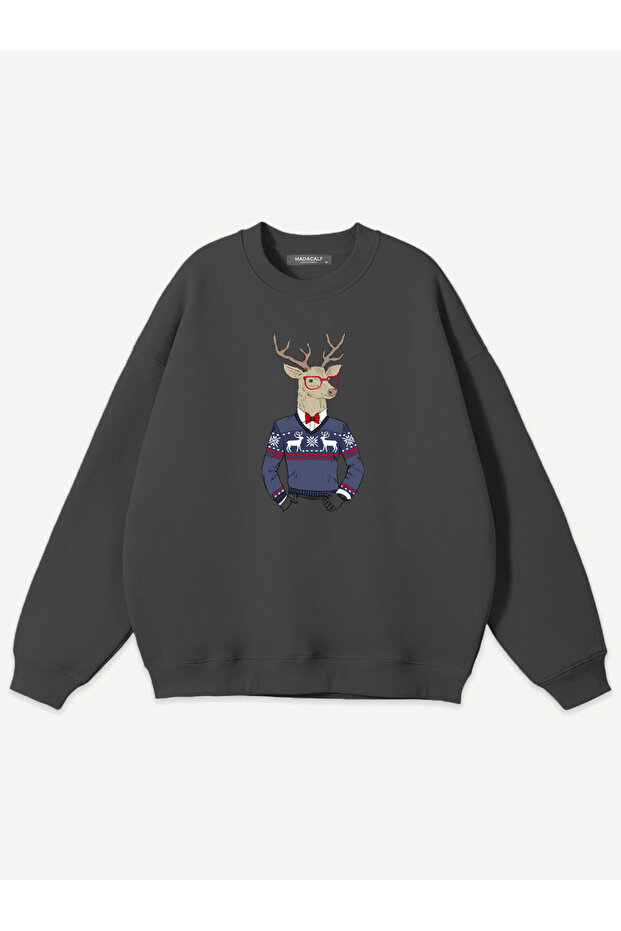 سويت شيرت للجنسين من Deer Guy مطبوع برقبة دائرية قصة فضفاضة