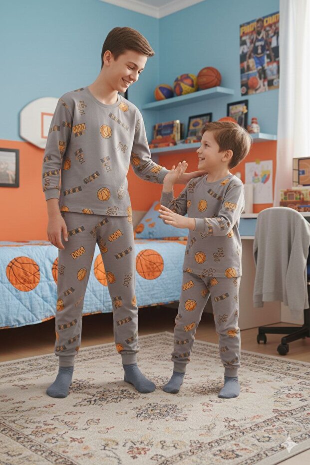 Boys' 3-13 Years Old 100% Cotton Single Jersey Fabric Basketball Patterned Long Sleeve Pajama Set