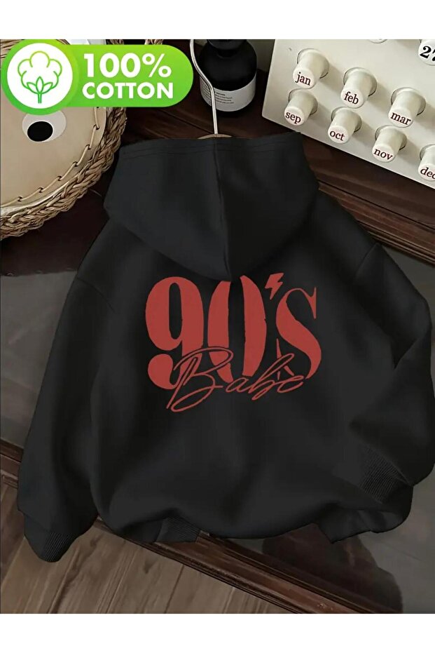 90's Themed Printed Hooded Unisex Plain Fleece-Lined Sweatshirt