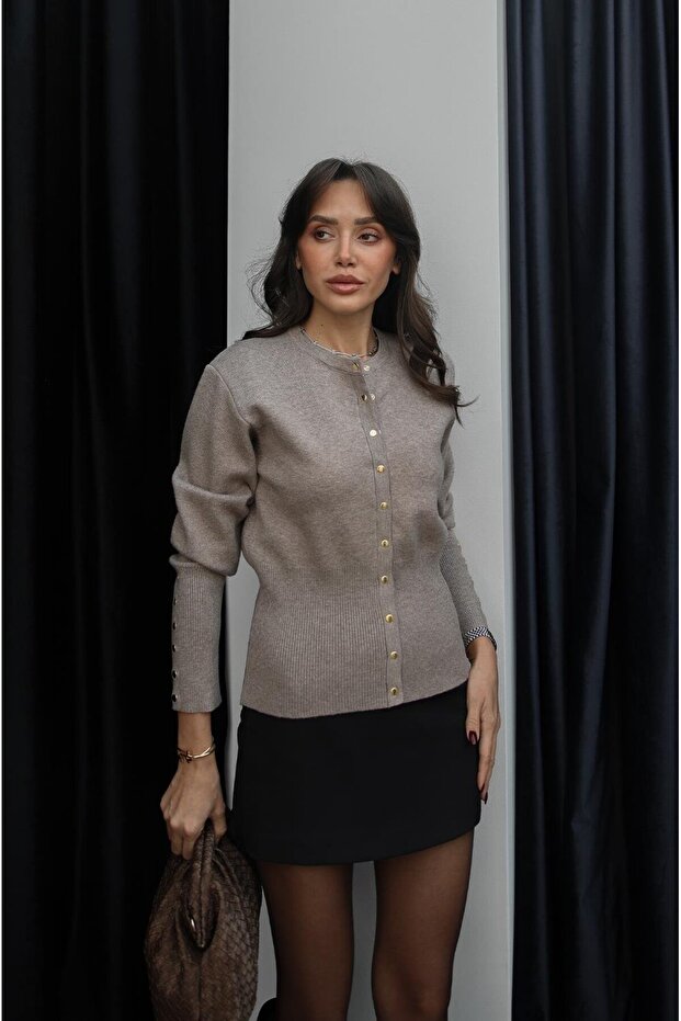 Beige Cardigan with Snap Buttons on the Front and Sleeves
