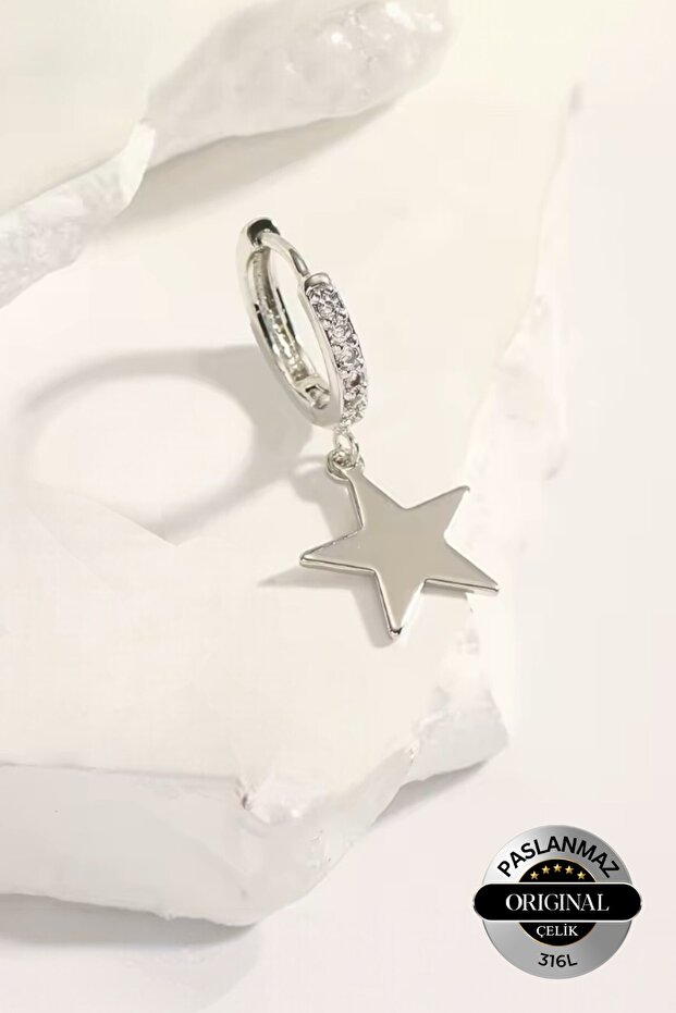 Perforated Zircon Stone Star Model Dangle Men/Women Hoop Earrings 1 Piece