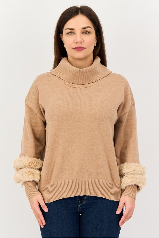Women Turtle Neck Faux Fur Sweater, Taupe
