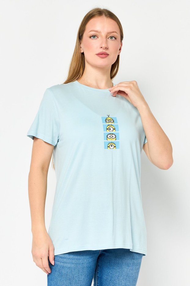Women Crew Neck Short Sleeve Graphic Print T-shirt, Pastel Blue