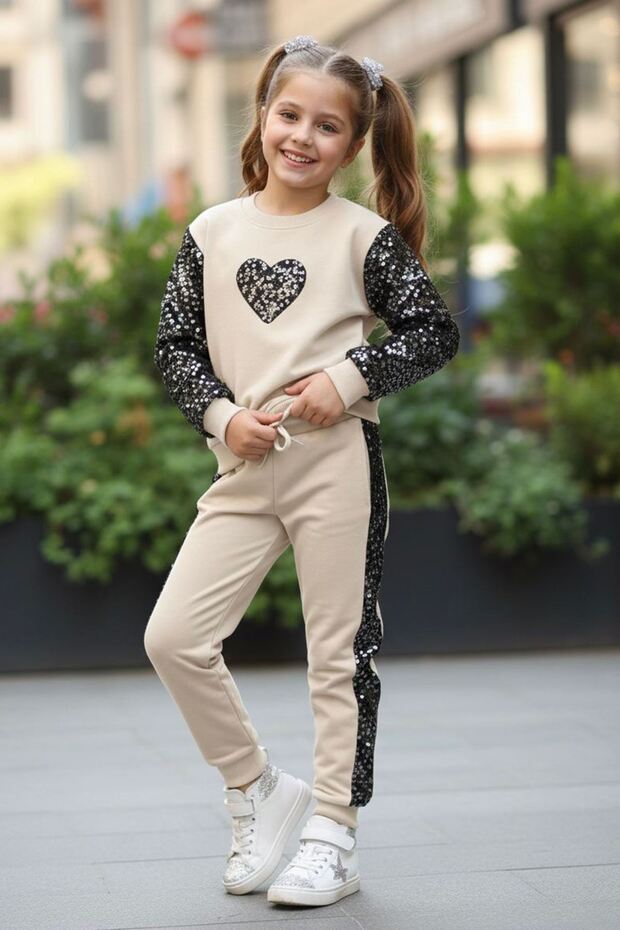 My Little Girl's Sequin Heart Detailed 2-Piece Set - Cream