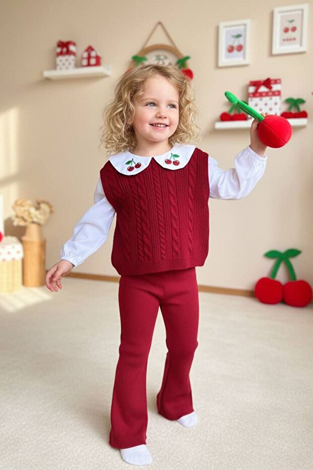 My Little One's Cicileri Cherry Embroidery Knitted Patterned Sweater Set of 2 - Red