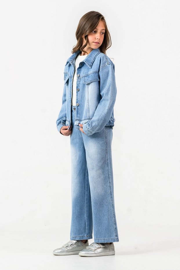 My Little One's Cicileri Stone Striped Detail Girls' 3-Piece Set with Jacket - Light Blue