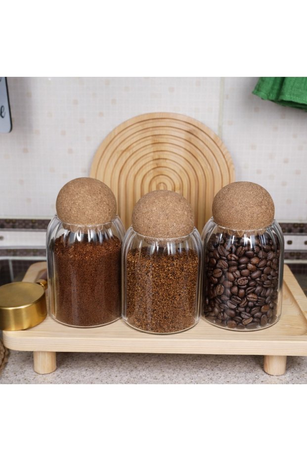 Glass Jar Set of 3 400 ml with Stand and Ball Cork Lid for Tea, Sugar, Salt, Etiquette