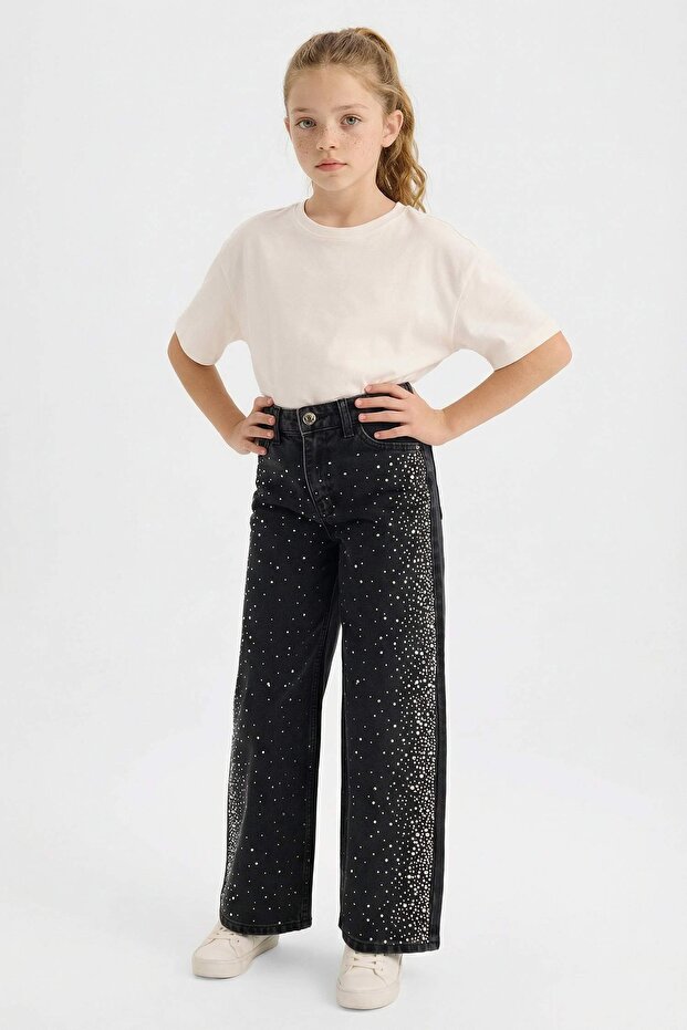 100% Cotton Christmas Themed Straight Leg Stoned Jean Trousers for Girls G6494A825Wn