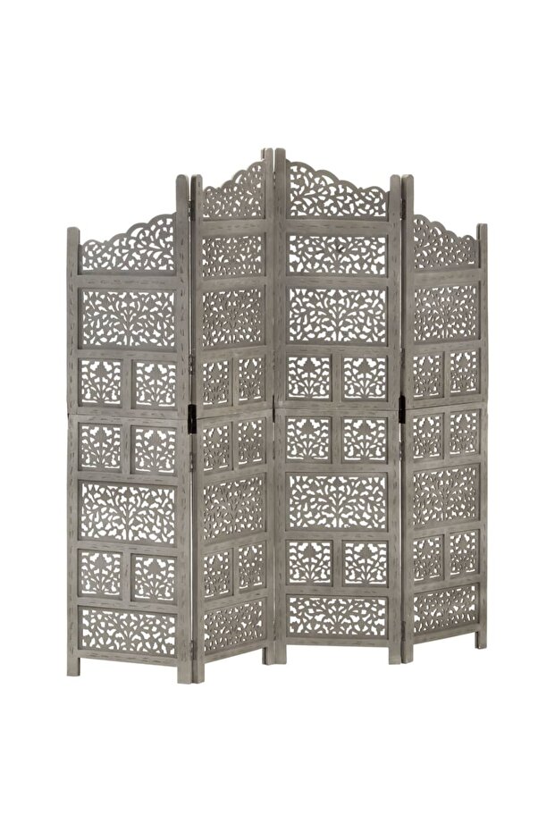 Hand carved 4-Panel Room Divider Grey 160x165 cm Solid Mango Wood