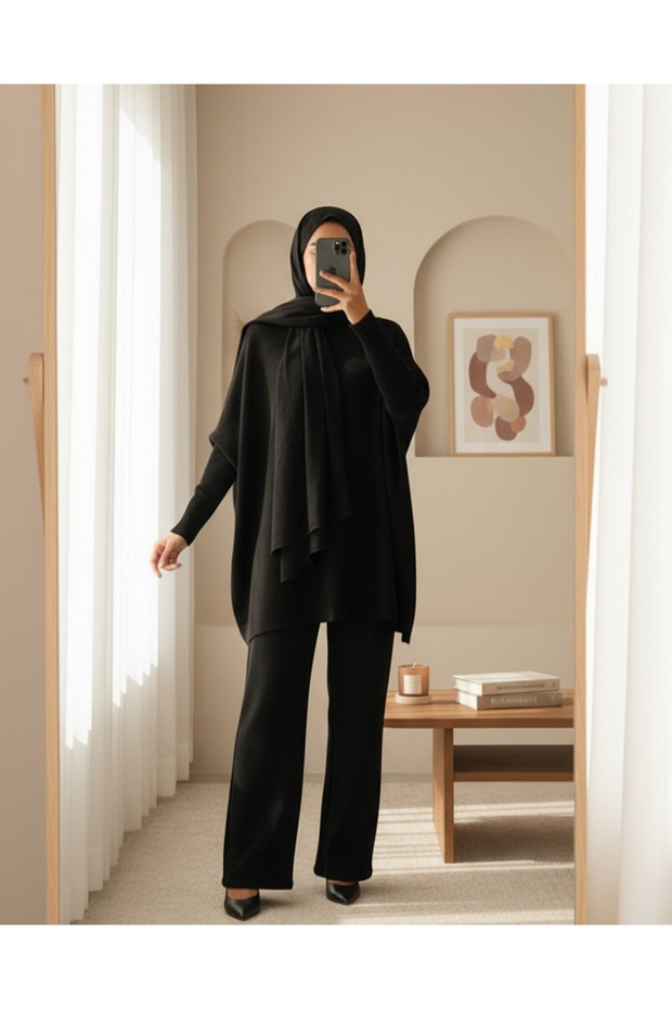 15783 Slit Poncho Sweater - Black