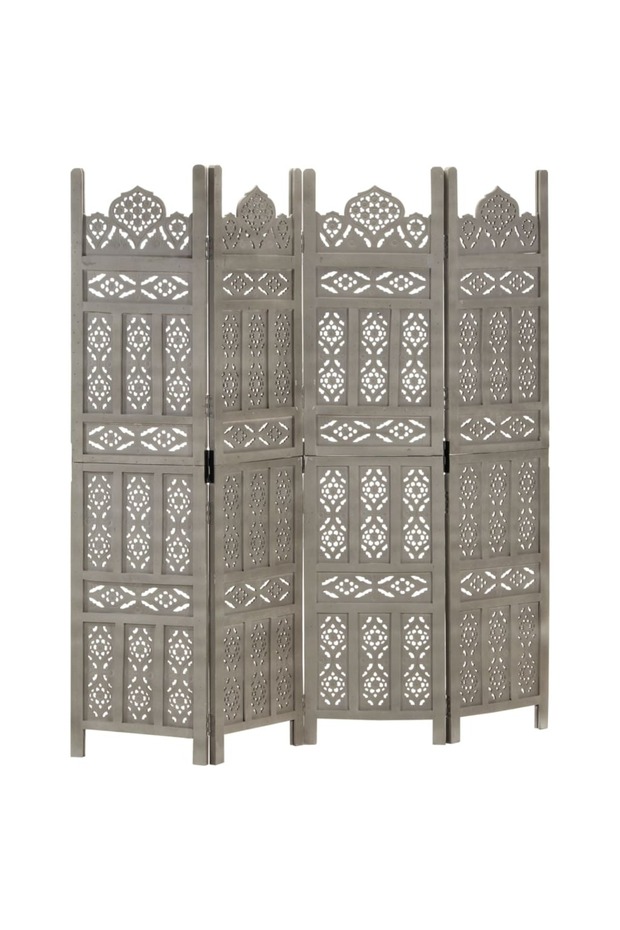 Hand carved 4-Panel Room Divider Grey 160x165 cm Solid Mango Wood