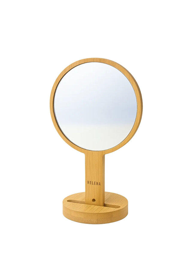 Double Side Round Hand Mirror with Wooden Stand- 26X15cm